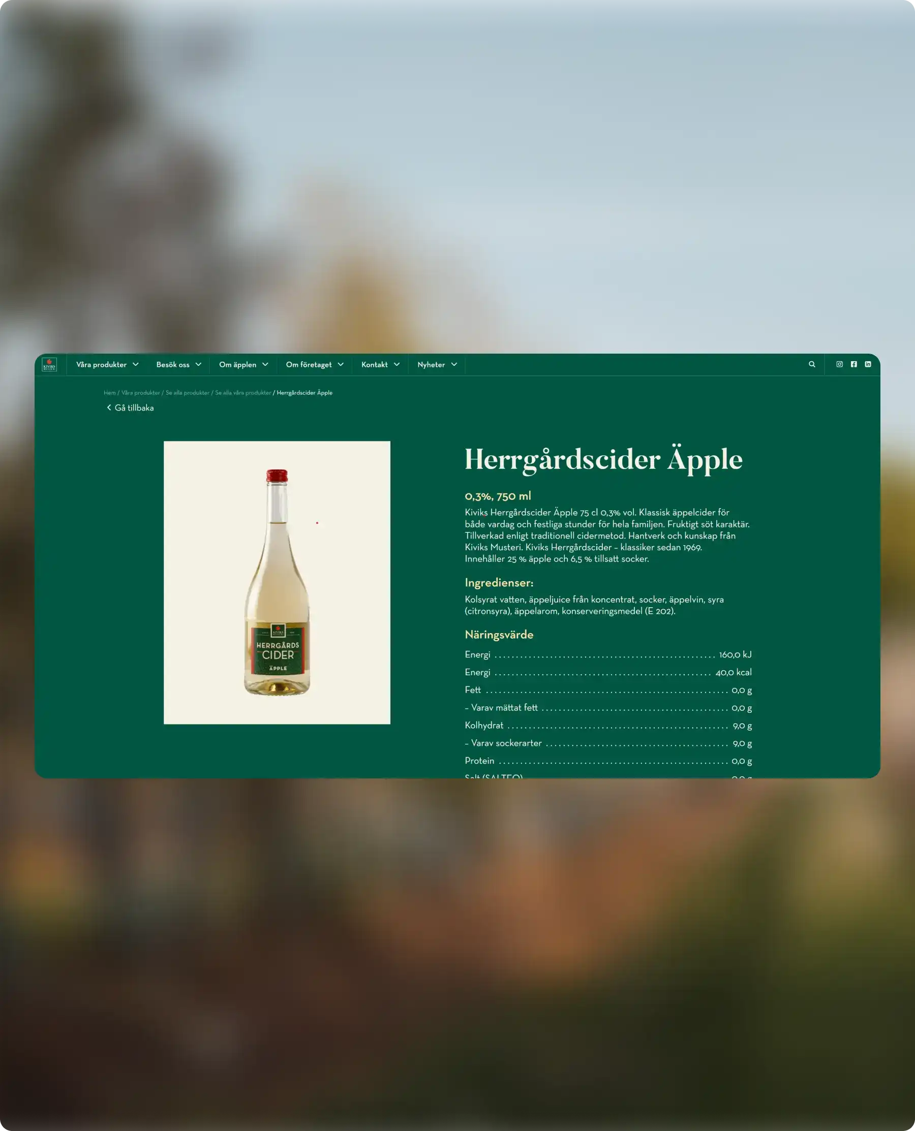 A product display on Kiviks website with a blurred background